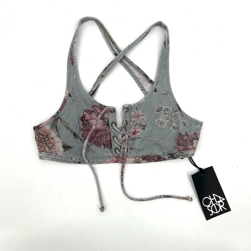 NWT CHASER Vintage Blue Burgundy Floral Print Lace Up Cross Back Bralette Medium